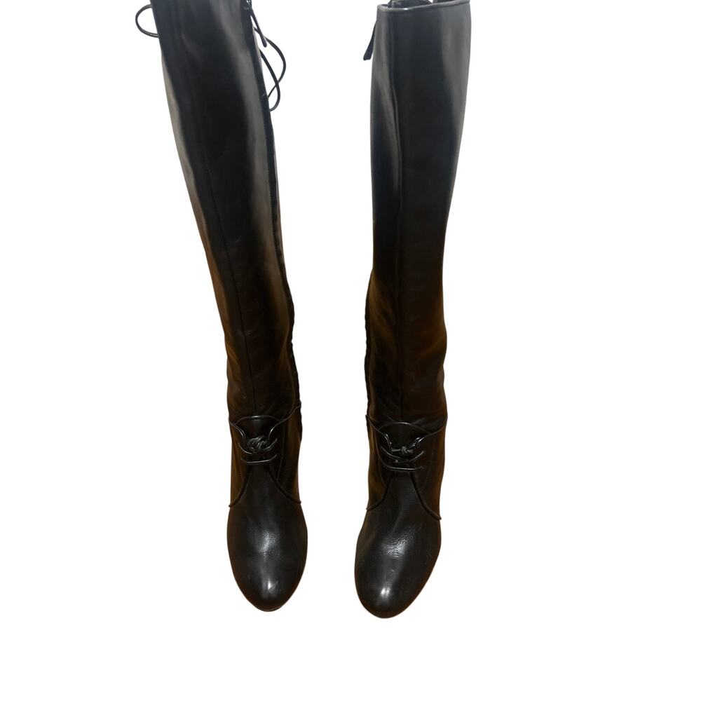 Max Sudio Black Leather Witchy Pirate Victorian Lace Knee High Stiletto Boots 9M